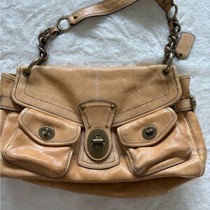 Coach Tan Leather Shoulder Bag with Turn-Lock Pockets